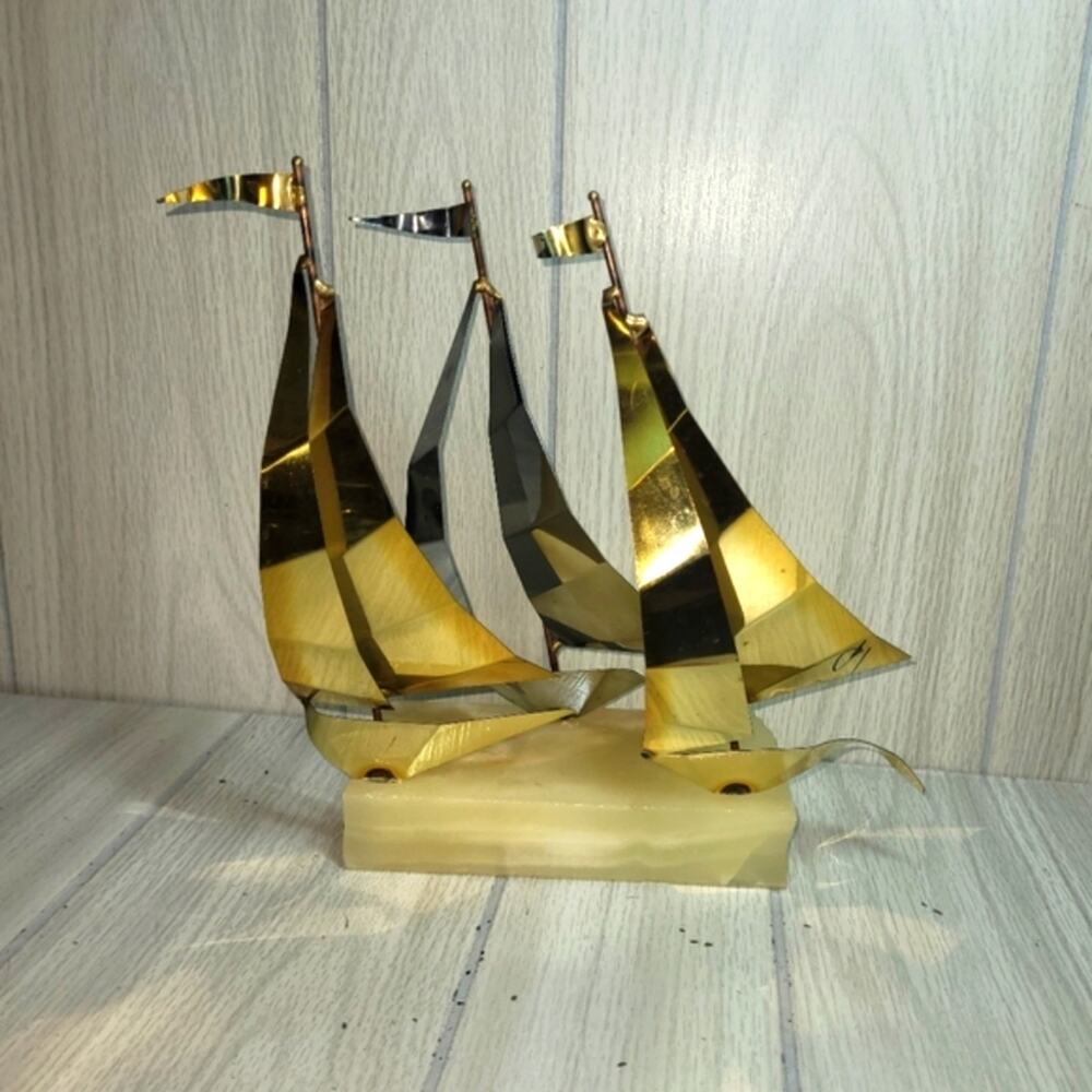 Vtg Brass Sailboat With Marble Base Nautical Ocean Sea Beach House Lake MCM